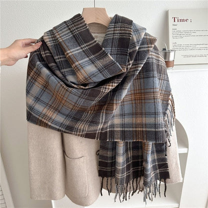 Color Block Plaid Fringe Scarf