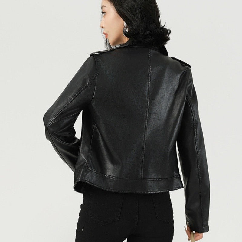 Short Biker Leather Jacket Lapel Collar