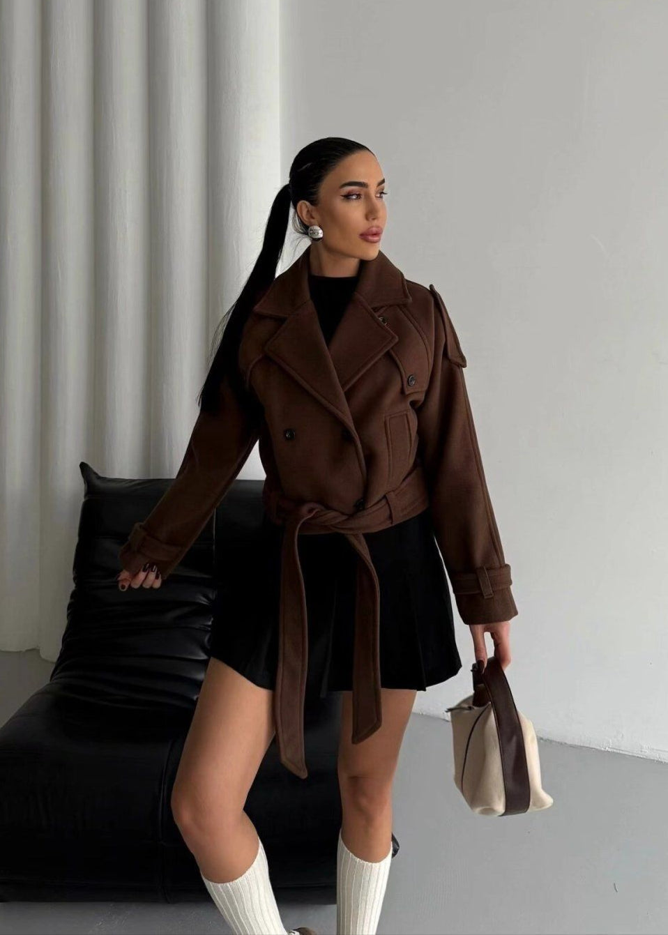 Cropped Wool Blend Belted Trench Jacket