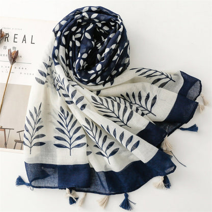 Scarvii - Blue &amp; White Wheat Pattern Bohemian Scarf