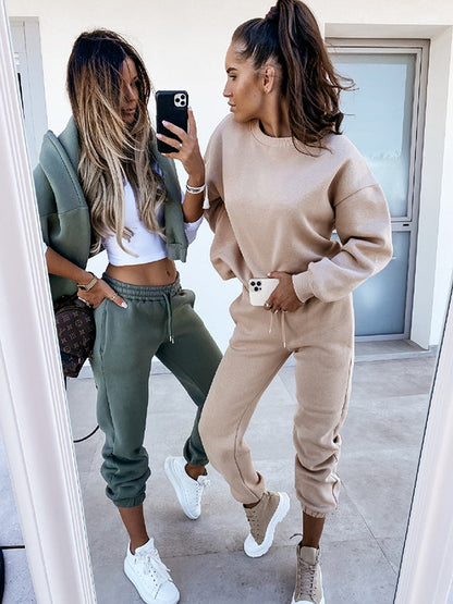 Solid Crew Neck Drawstring Sweatshirt & Pants Sport Suits