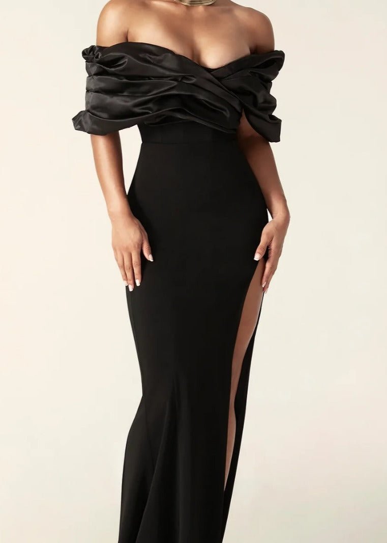 Off Shoulder Satin Evening Gown With Thigh Slit