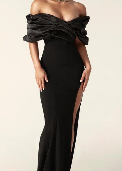 Off Shoulder Satin Evening Gown With Thigh Slit