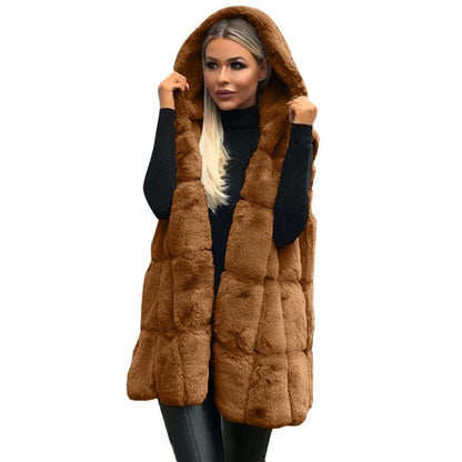 Faux Fur Hooded Vest Loose Paneled Sleeveless Outerwear