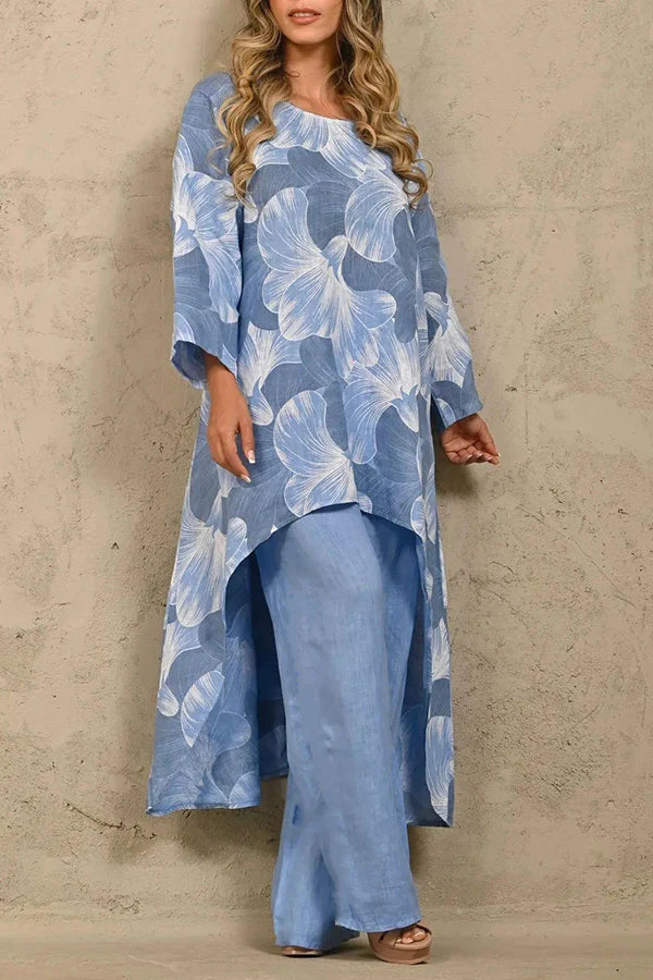 Exquisite Floral Print Crew Neck Paneled Pant Suit