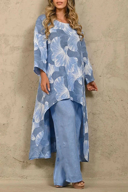 Exquisite Floral Print Crew Neck Paneled Pant Suit