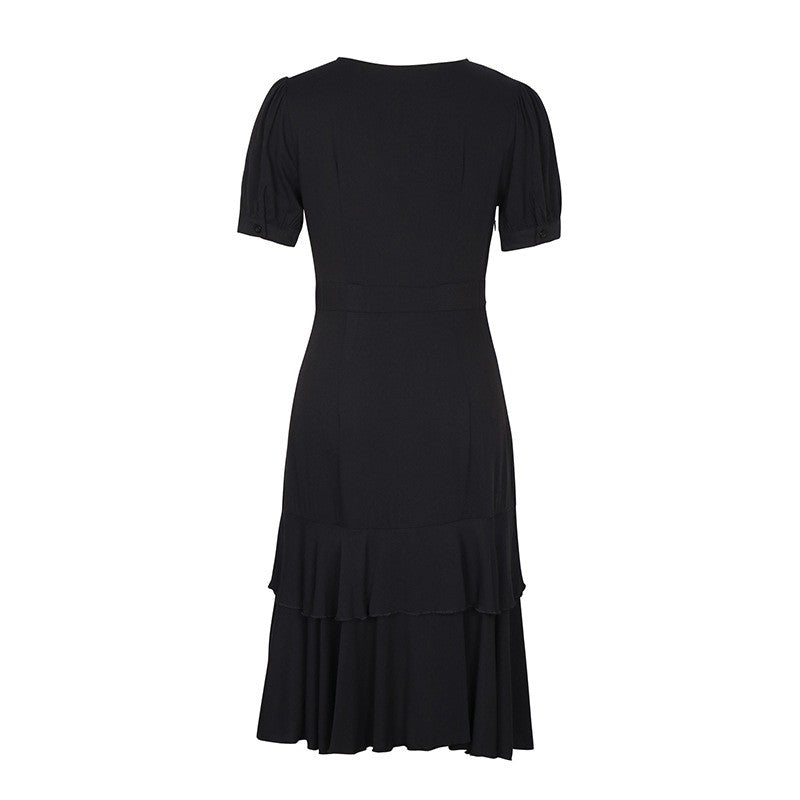 Solid Color Short-Sleeved Sexy V-Neck Irregular Slim Dress