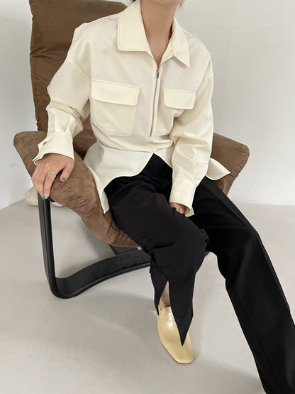 Long Sleeves Raglan Sleeve Pockets Split-Front Split-Joint Tied Zipper Lapel Blouses&Shirts Tops