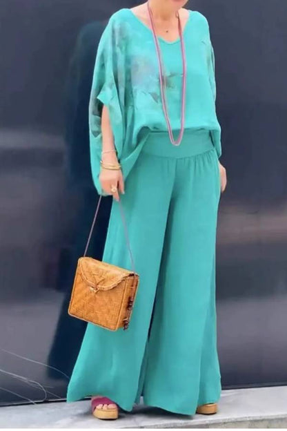 V-neck cotton and linen printed top and trousers casual suit