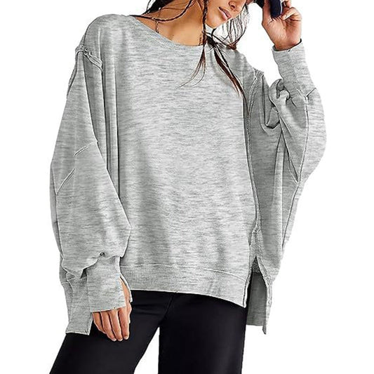 High-Low Long Sleeves Fringed Solid Color Split-Joint Split-Side Round-Neck Sweatershirt