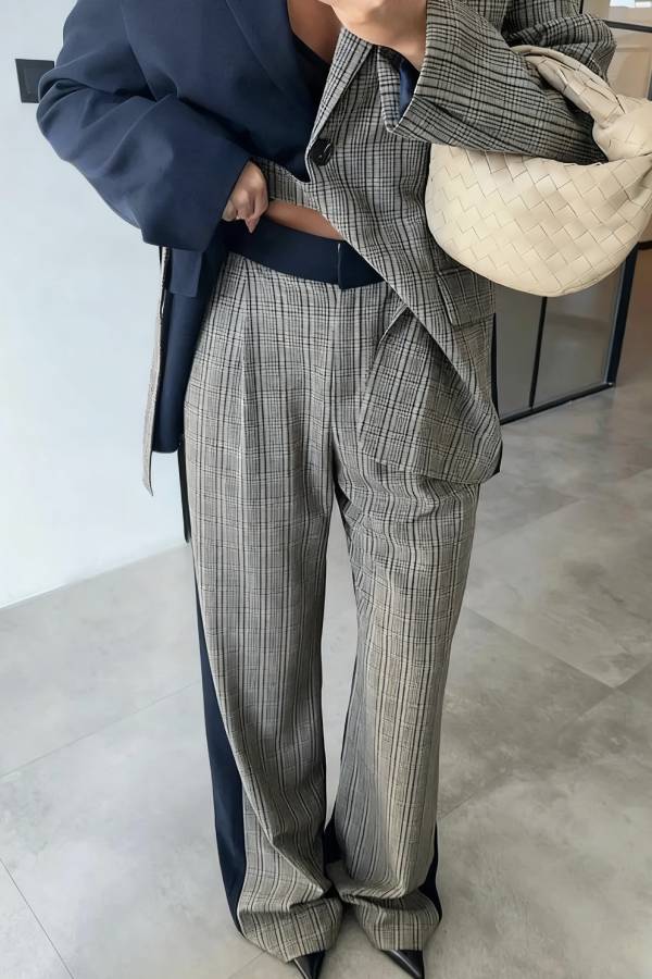 Nayla Plaid Contrast Color Belted Long Sleeve Lapel Blazer and Pocketed Wide Leg Pants Set