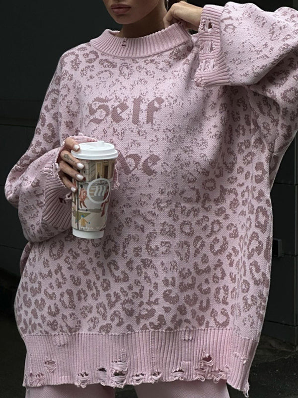 Long Sleeves Loose Hollow Knitted Letters Round-Neck Knitwear Pullovers Sweater Tops