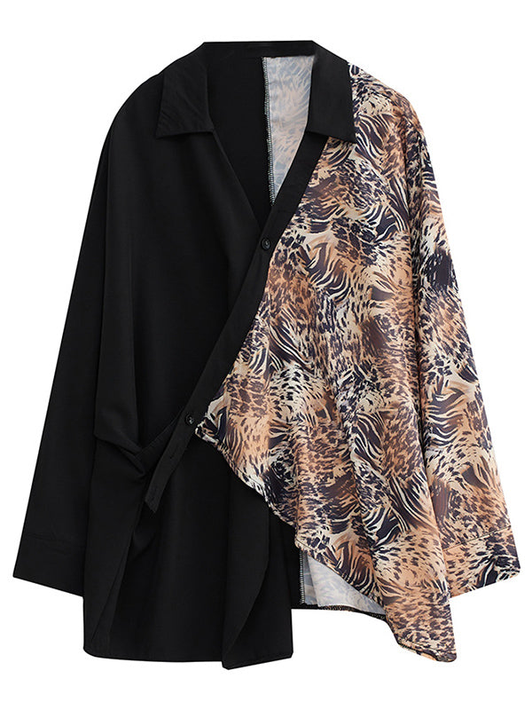 Long Sleeves Loose Contrast Color Printed Split-Joint Leopard Polo Blouses&Shirts Tops + Ninth  Culotte