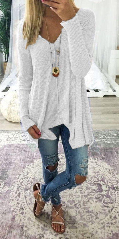 Pure Colour Pullover Sexy V-Collar Irregular Jacket