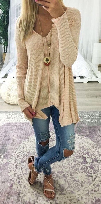 Pure Colour Pullover Sexy V-Collar Irregular Jacket