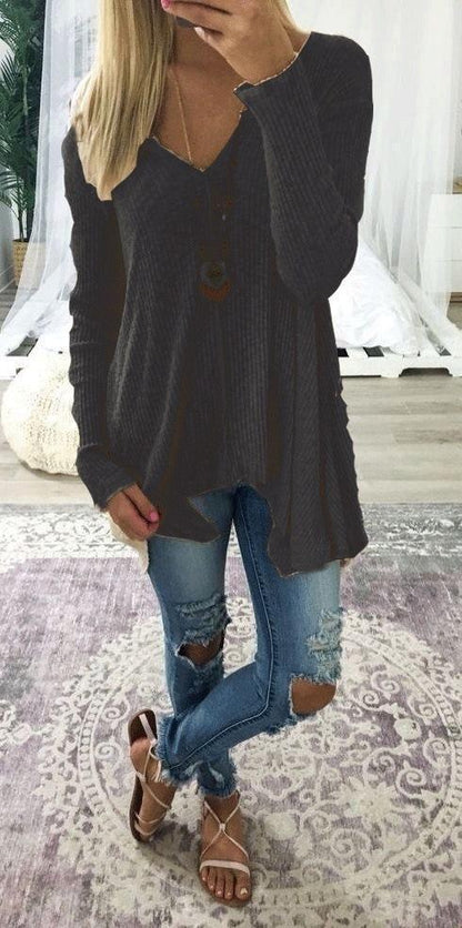 Pure Colour Pullover Sexy V-Collar Irregular Jacket