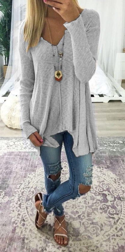 Pure Colour Pullover Sexy V-Collar Irregular Jacket