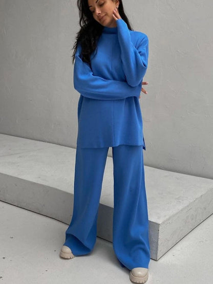 Loose Solid Color High-Neck Sweater Tops&Pants Suits