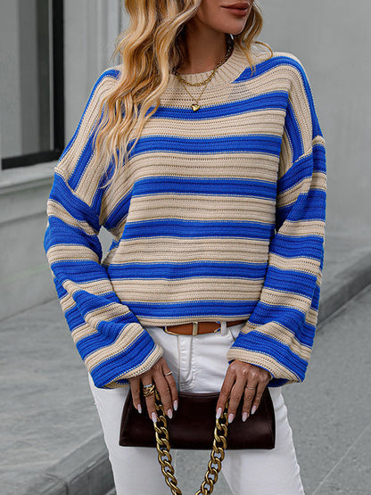 Long Sleeves Loose Striped Round-Neck Pullovers Sweater Tops