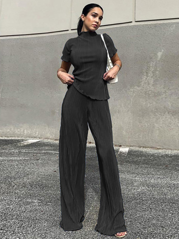 Simple Solid Color High-Neck T-Shirt Top&Wide Legs Pants 2 Pieces Set