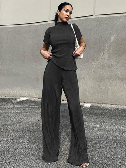 Simple Solid Color High-Neck T-Shirt Top&Wide Legs Pants 2 Pieces Set
