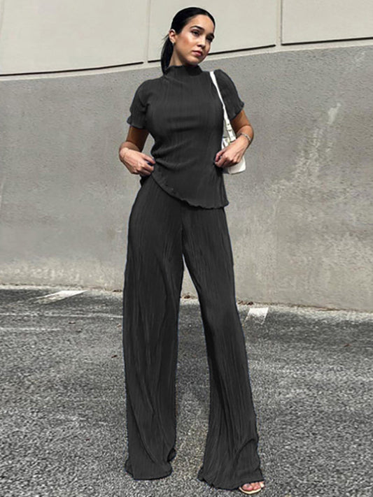 Simple Solid Color High-Neck T-Shirt Top&Wide Legs Pants 2 Pieces Set