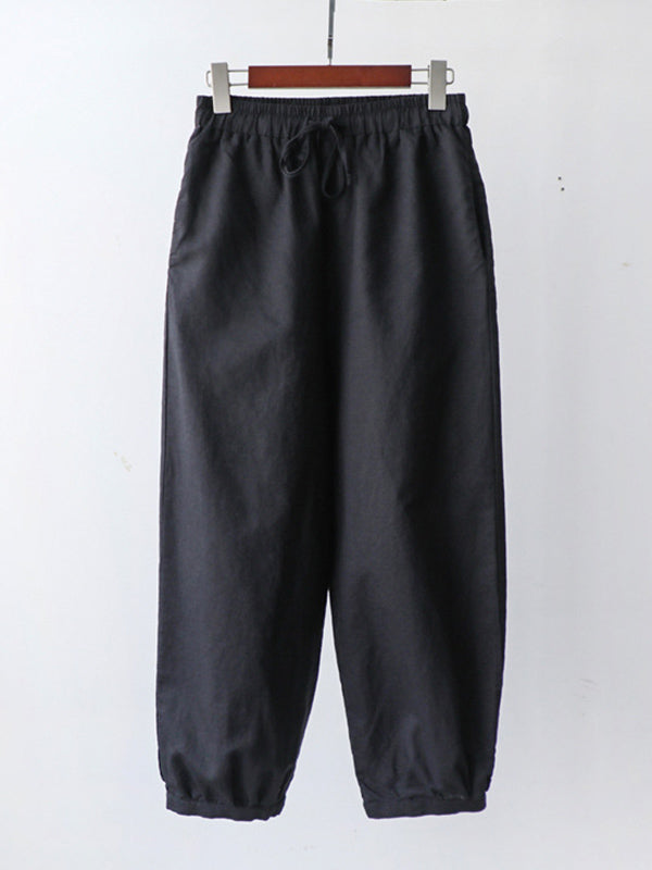Simple Linen Solid Color Elasticity Waist Loose Knickerbockers&Capri-Pants