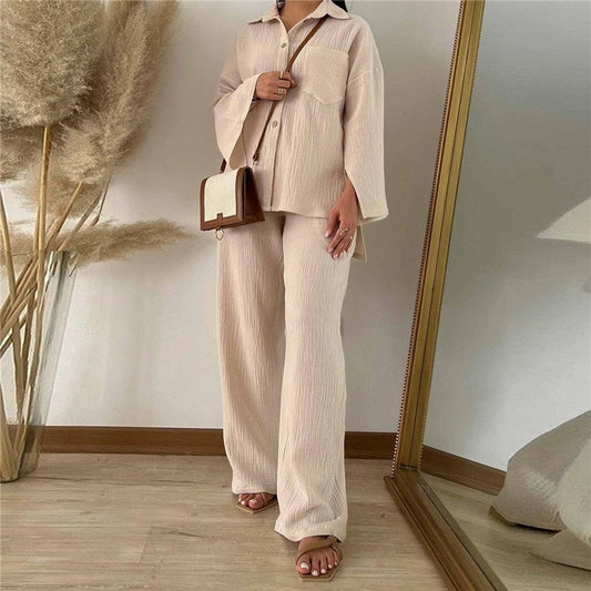 Solid Color Long Sleeve Lapel Blouse And Wide Leg Pants Two Pieces Suit