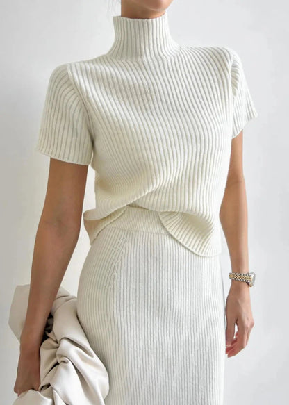 Two Piece Knit Set With Mock Neck And Skirt