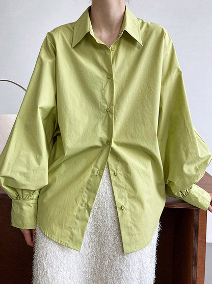 Long Sleeves Loose Buttoned Pleated Solid Color Lapel Blouses&Shirts Tops