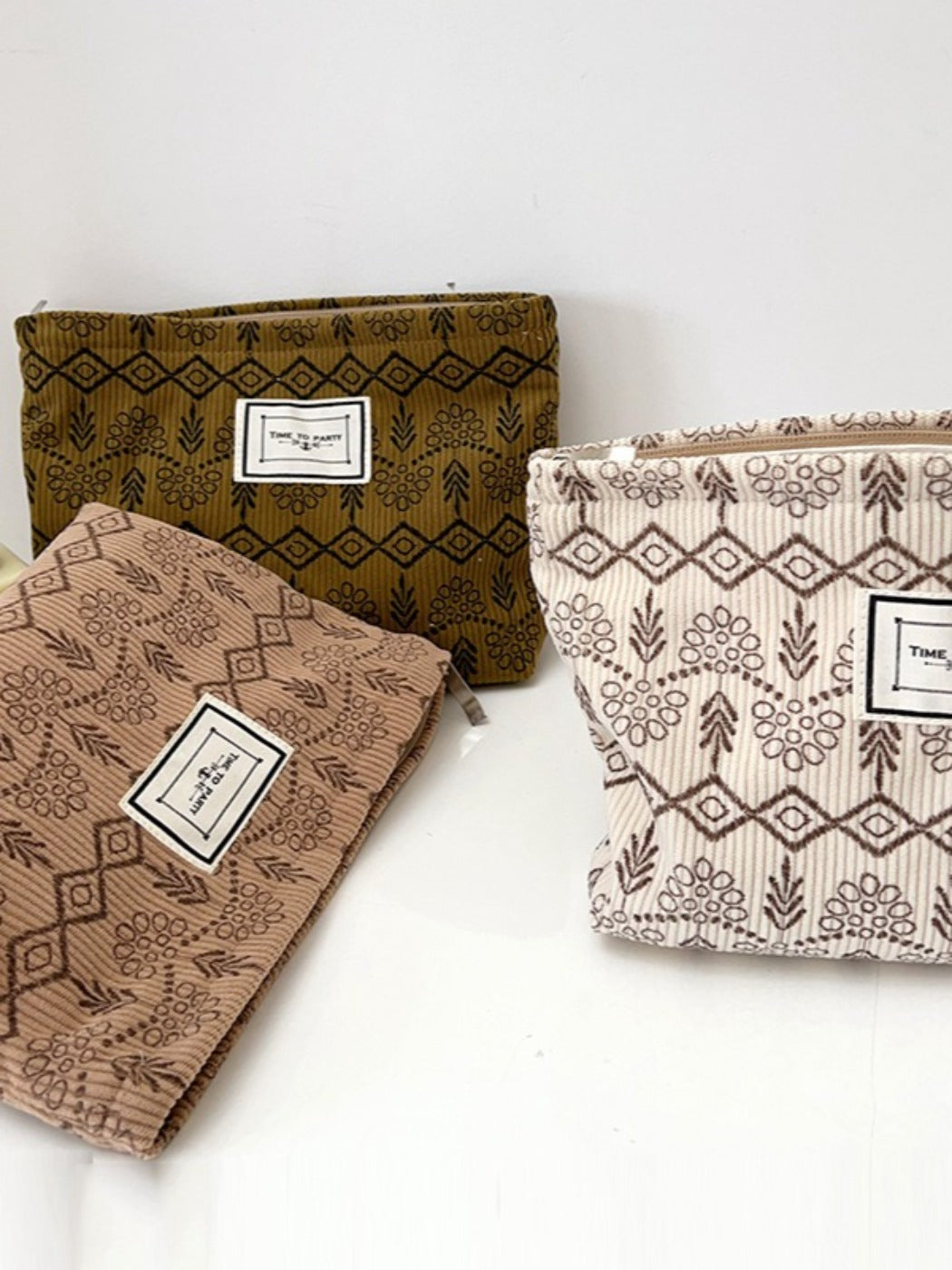 Cosbai - Fabric Geometric &amp; Floral Print Pouch Bag with Zipper