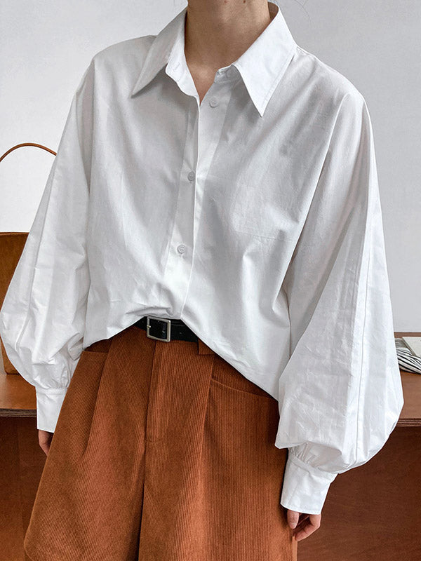 Long Sleeves Loose Buttoned Pleated Solid Color Lapel Blouses&Shirts Tops