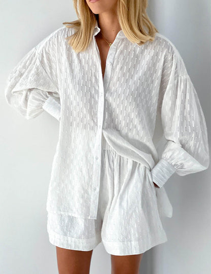 Jacquard Puff Sleeve Shirt Short Set