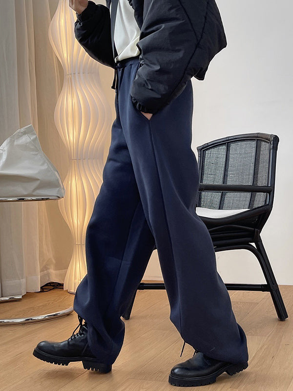 Simple Solid Color Drawstring  Waist Velvet Casual Wide Leg Pants