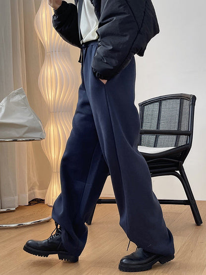 Simple Solid Color Drawstring  Waist Velvet Casual Wide Leg Pants