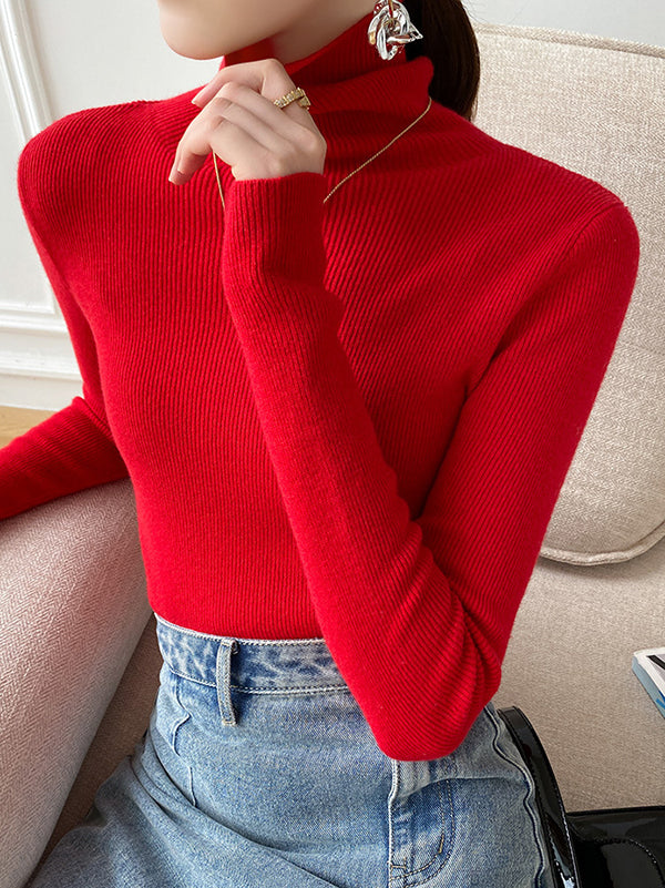 Simple Skinny Solid Color High-Neck Sweater Tops Pullovers