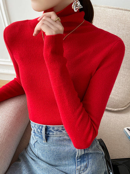 Simple Skinny Solid Color High-Neck Sweater Tops Pullovers