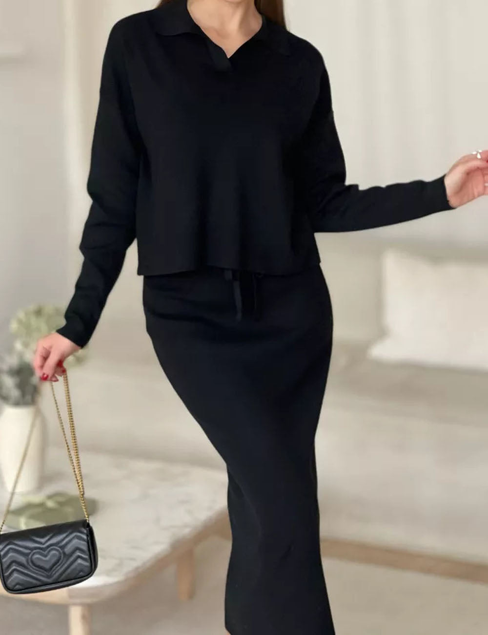 Knit Fall Polo Collar Sweater Bodycon Skirt Set