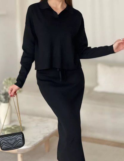 Knit Fall Polo Collar Sweater Bodycon Skirt Set