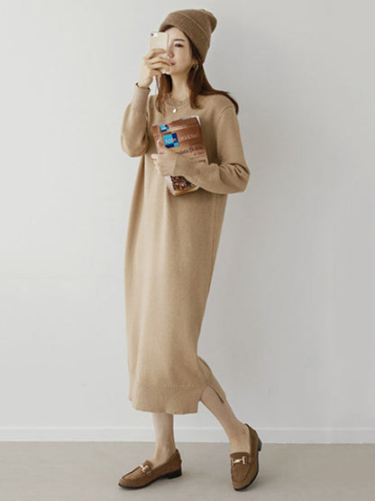Urban Long Sleeves Loose Split-Side Solid Color Round-Neck Sweater Dresses