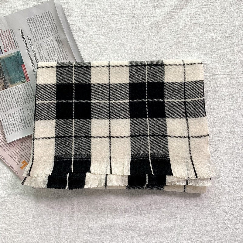 Plaid Print Thick Tassel Shawl Scarf