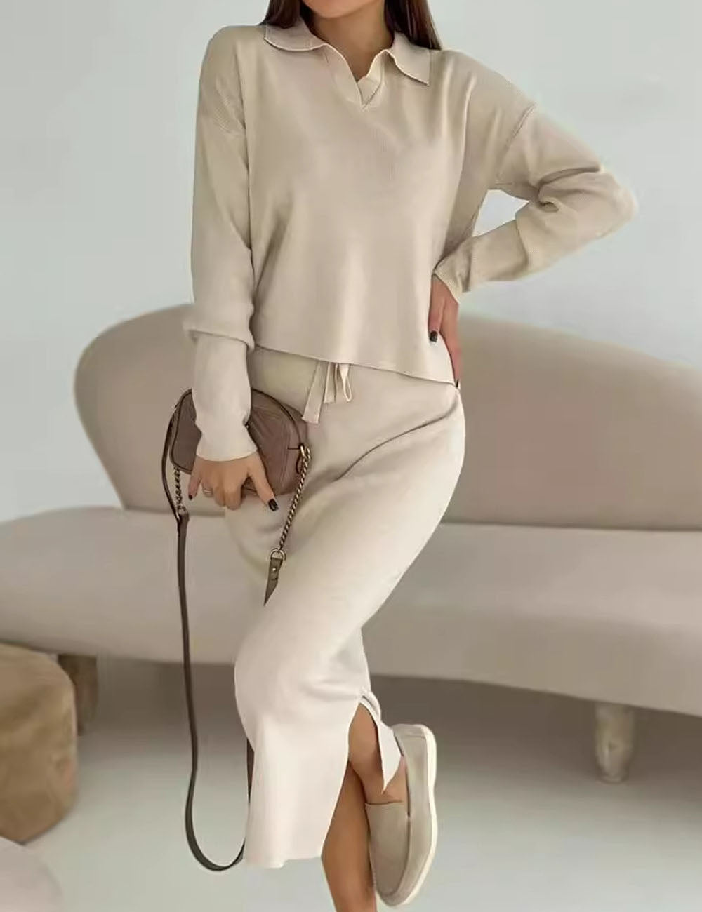 Knit Fall Polo Collar Sweater Bodycon Skirt Set