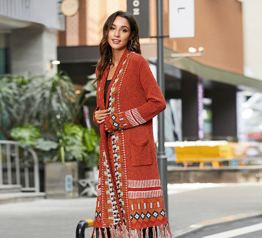 Ethnic Style Cardigan Sweater Women Retro Fringed Blouse Bohemian Style Knitted Sweater Cardigan Jacket