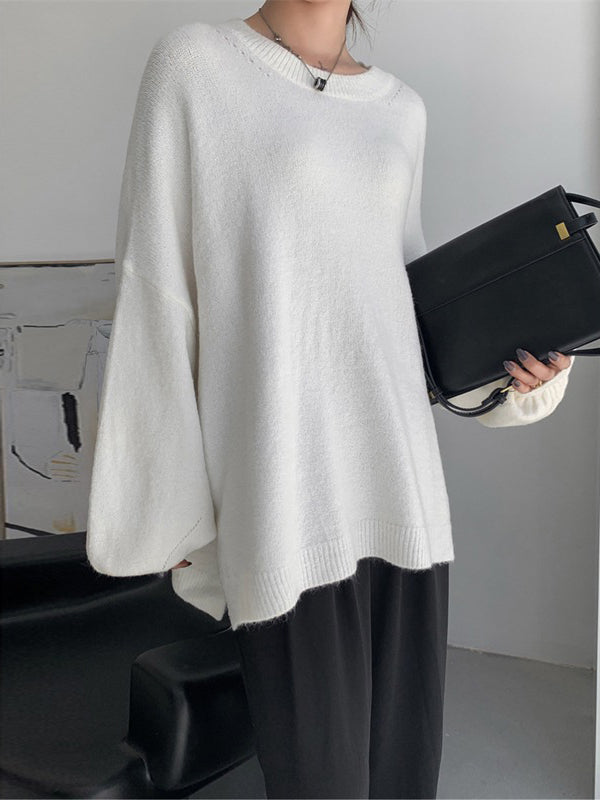 Loose Puff Sleeves Split-Side Solid Round-Neck Sweater Tops