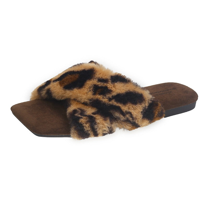 Square-Toe Cross-Strap Fuzzy Slippers
