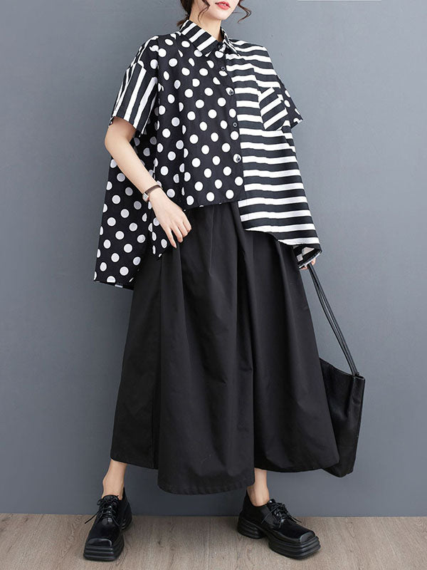 Loose Short Sleeves Buttoned Contrast Color Pockets Polka-Dot Split-Back Split-Joint Striped Lapel T-Shirts Tops