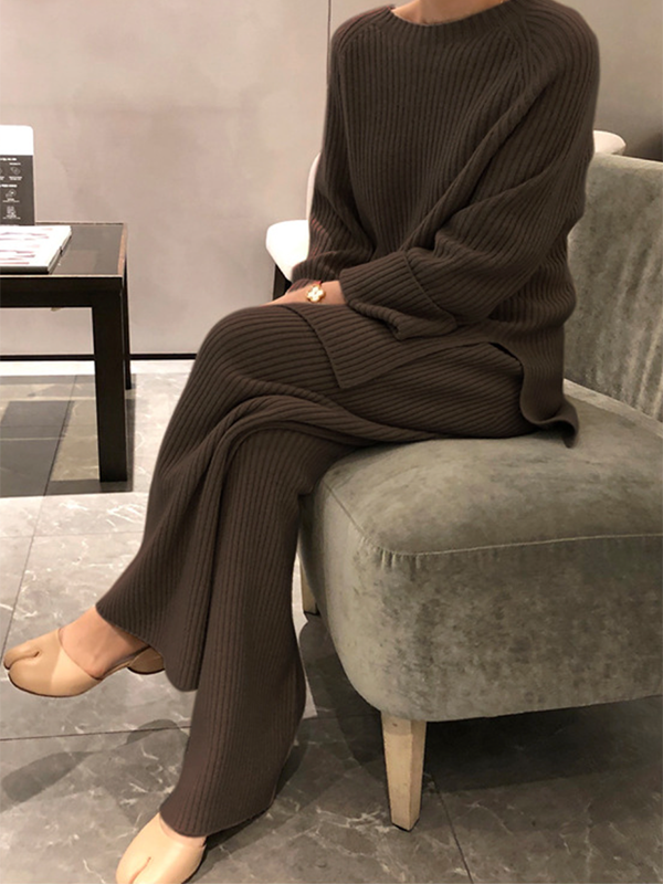 Long Sleeves Wrap Solid Color Split-Side Round-Neck Sweater Tops&Pants Suits