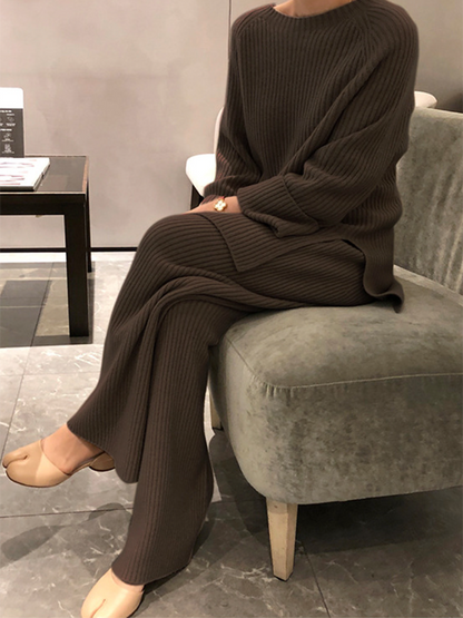 Long Sleeves Wrap Solid Color Split-Side Round-Neck Sweater Tops&Pants Suits