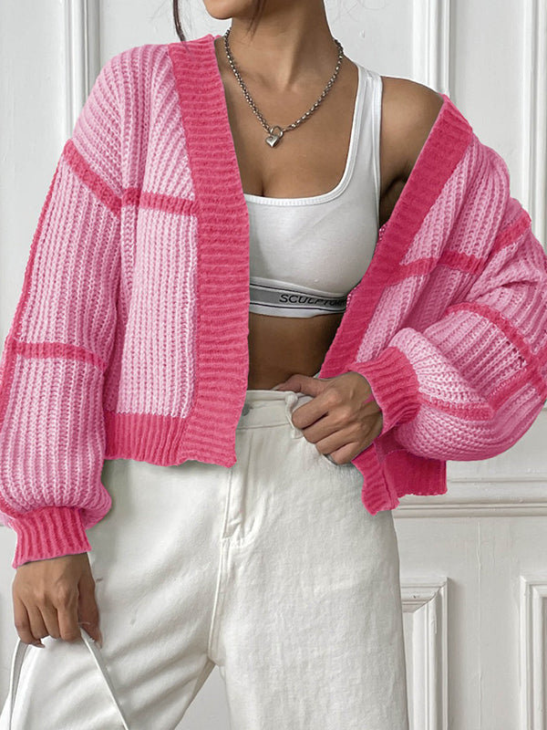 Long Sleeves Loose Contrast Color Cardigan Sweater Tops