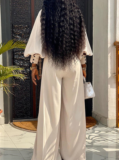 Long Sleeves Wide Leg Buttoned Contrast Color Round-Neck Shirts Tops&Pants Suits